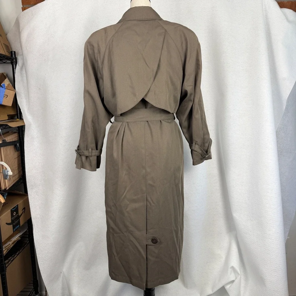 London Fog Trench Coat Womens 8 Petite Double Breasted Belted Olive Green